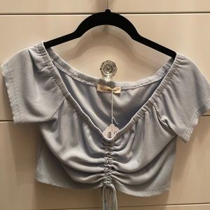 comfy blue off the shoulder crop top